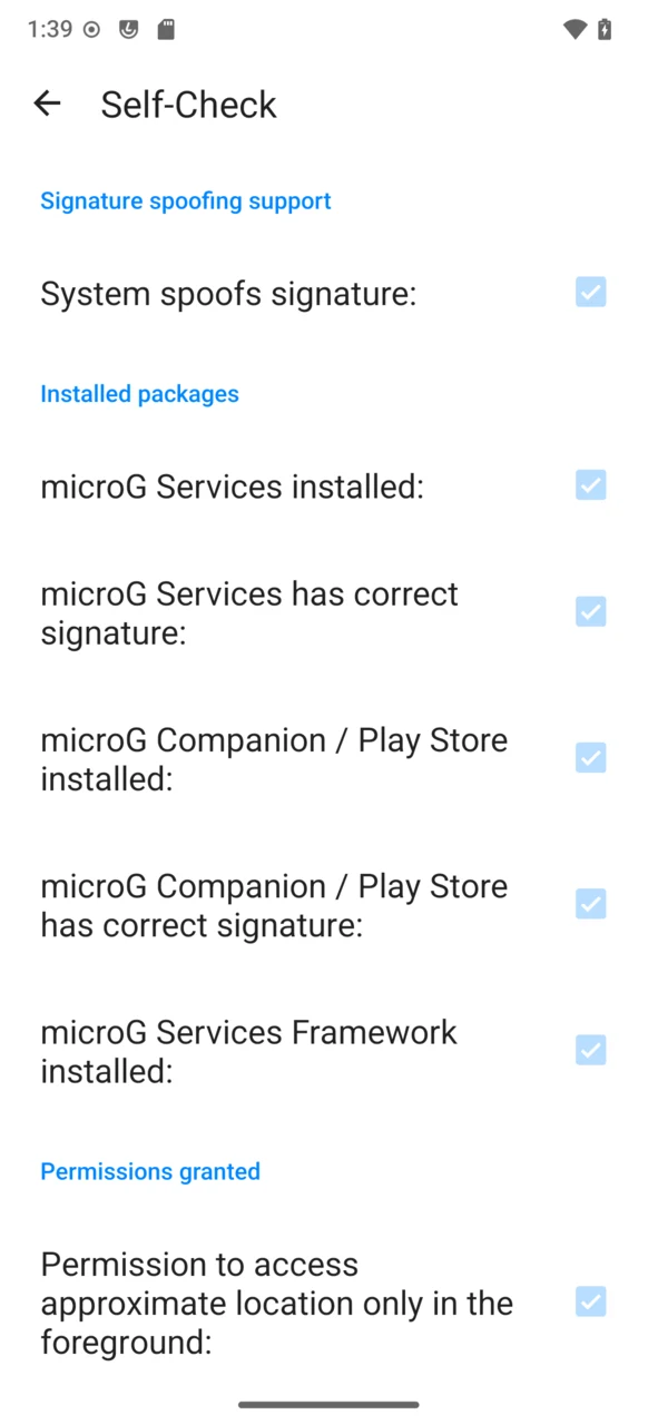 microg 自檢畫面：紅綠燈式的元件狀態一目了然