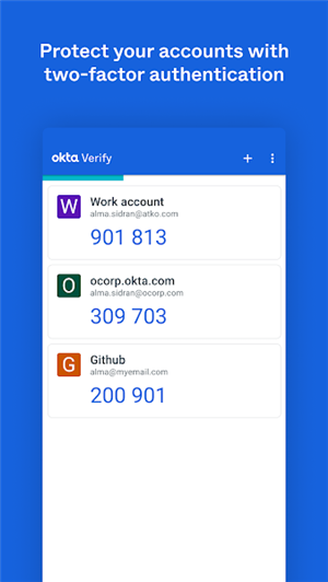 Okta Verify 賬戶列表頁,顯示已綁定的多個 Okta 組織賬戶