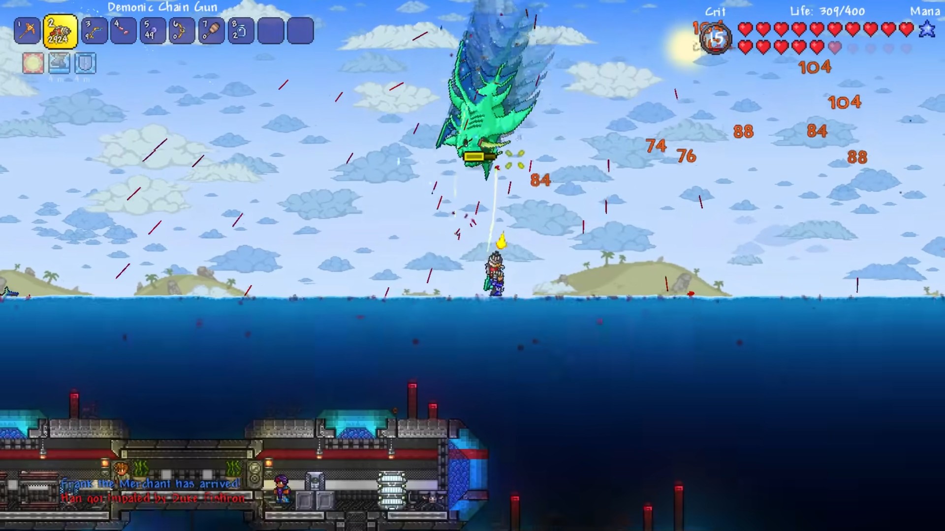 模组游玩画面:海上空域的 Boss 战与数值提示